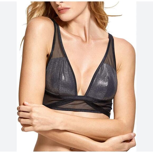 VICTORIA’S SECRET Shimmery Black Silver Gray Strappy Bralette Size Medium - Picture 2 of 8